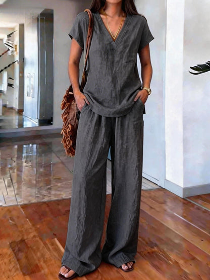 Linen V Neck Cap Sleeve Top & Elastic Waist Wide Leg Pants 2 Piece Co-Ord Set
