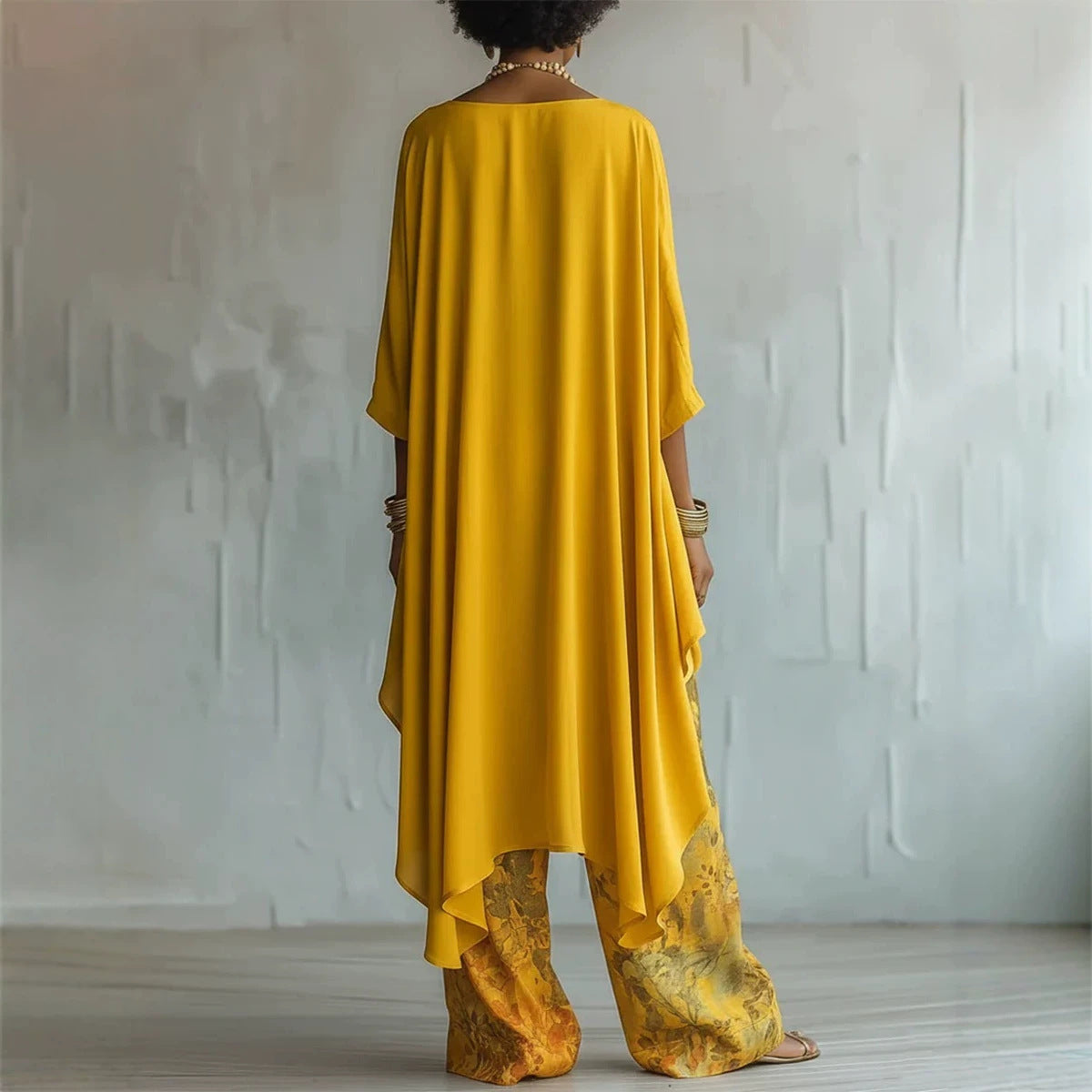 Women's Artistic Linen-Blend Asymmetrical Top & Floral Print Wide Leg Pants Two-Piece Set