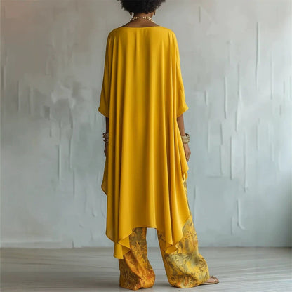 Women's Artistic Linen-Blend Asymmetrical Top & Floral Print Wide Leg Pants Two-Piece Set