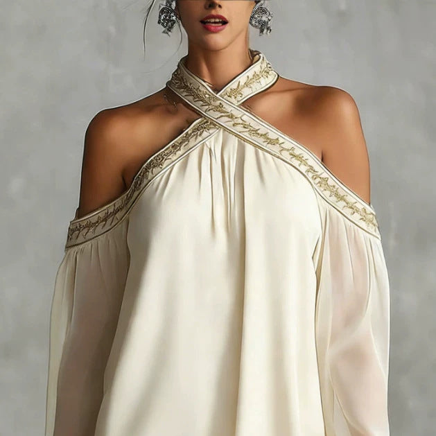 Embroidered Trim Sheer Long Sleeve Loose Tunic Dress