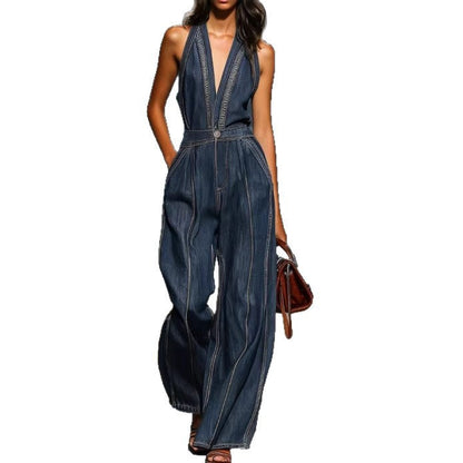 Dark Denim Halter Deep V Contrast Stitch High Waist Wide Leg Jumpsuit