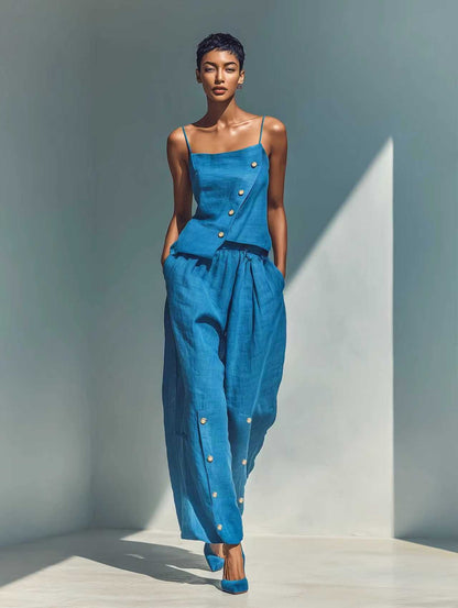 Bright Blue Linen‑Blend Cami Top & Wide‑Leg Pants Two‑Piece Set