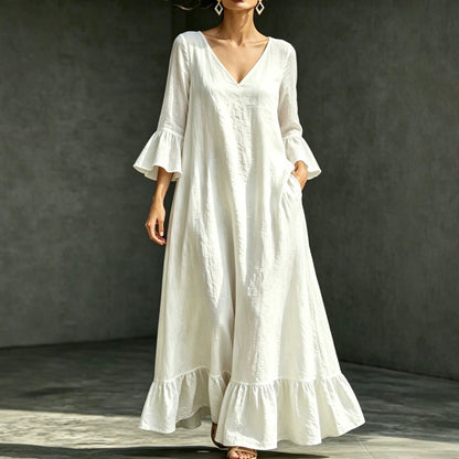 Robe longue en lin mélangé avec col en V, volants et manches évasées