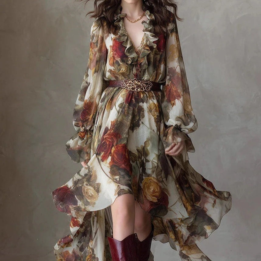 Robe longue en mousseline imprimée roses vintage pour femme, avec volants, col en V et ourlet asymétrique.