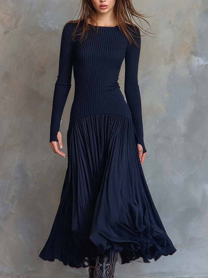 Robe longue maxi femme moulante en maille côtelée à manches longues élégante pour soirée