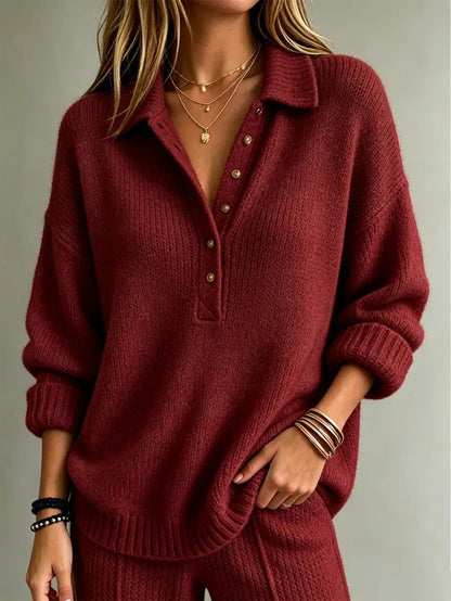 Pull Henley en maille à col lâche pour femme, manches longues, couleur unie, décontracté