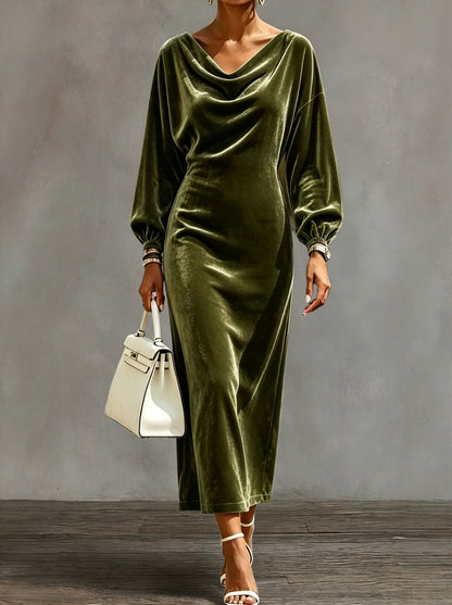 Robe midi en velours à col cache‑cou et manches bouffantes