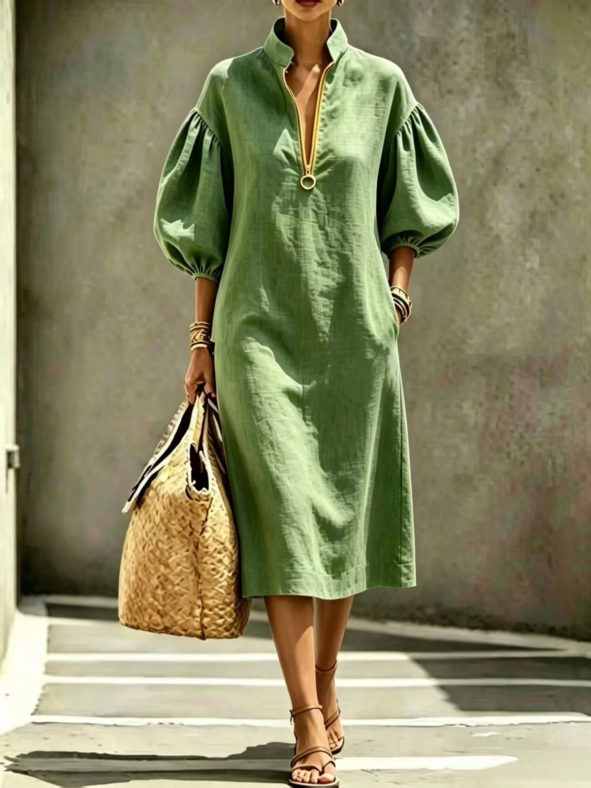 Stand Collar Half Zip Puff Sleeve Linen Blend Midi Dress, Loose Pocket Casual Vacation Long Dress