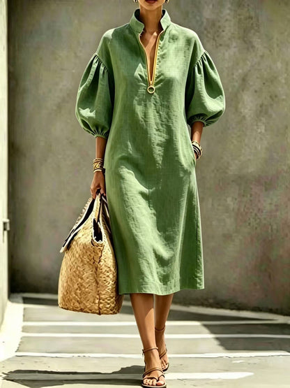 Stand Collar Half Zip Puff Sleeve Linen Blend Midi Dress, Loose Pocket Casual Vacation Long Dress