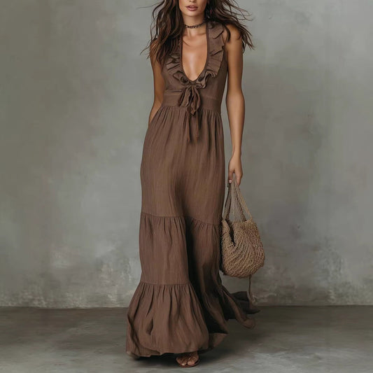 Robe longue décontractée ample à volants et col en V sans manches