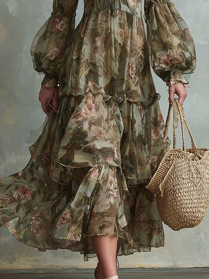 Robe longue à fleurs, col en V et manches lanternes, à plusieurs niveaux