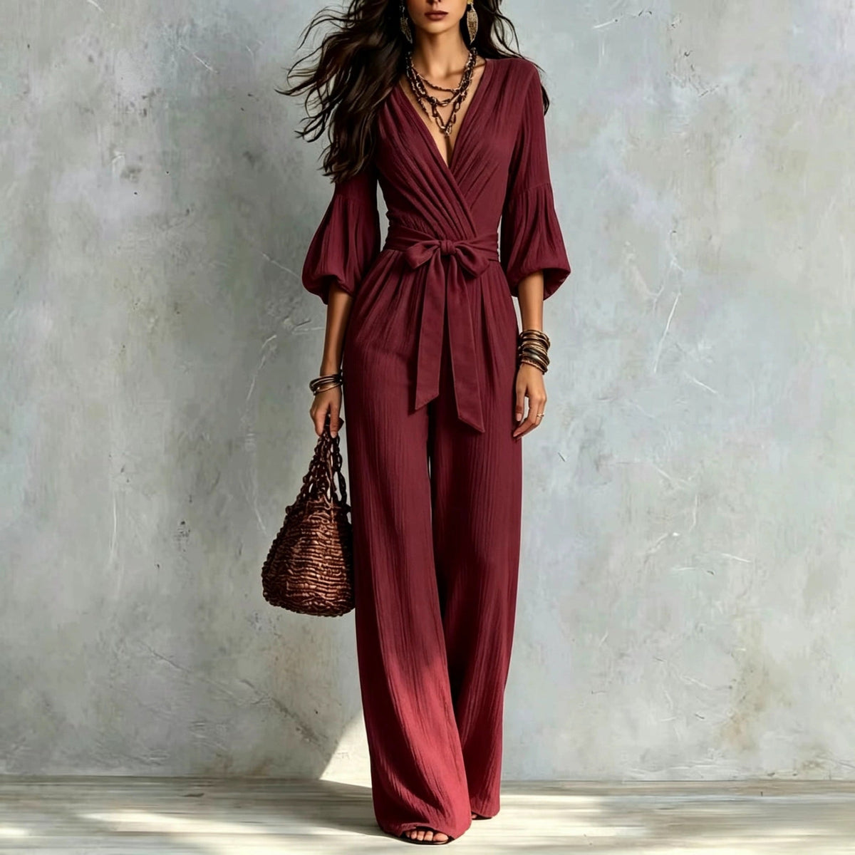 V‑Neck Wrap Belted Textured Wide‑Leg Jumpsuit With Balloon Sleeves - Burgundy / S