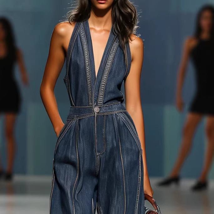 Dark Denim Halter Deep V Contrast Stitch High Waist Wide Leg Jumpsuit