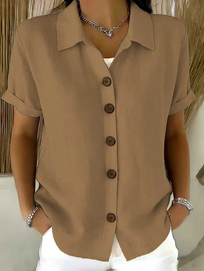 Chemise en lin à manches courtes pour femme, à col rabattu