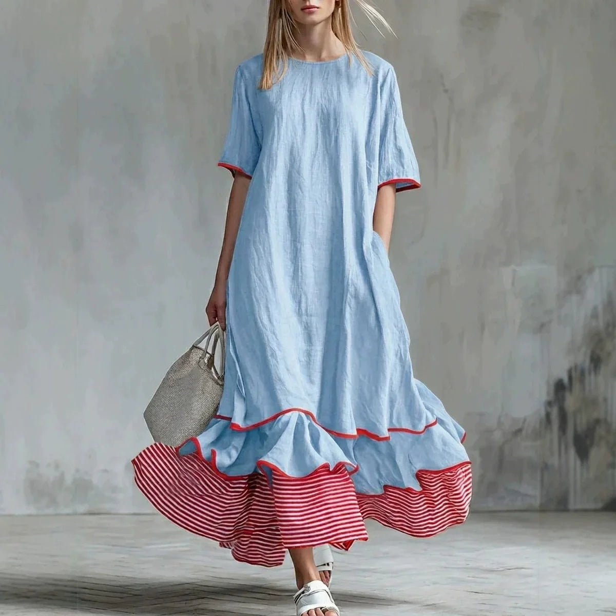 Linen Piping Stripe Ruffle Hem Loose Maxi Dress