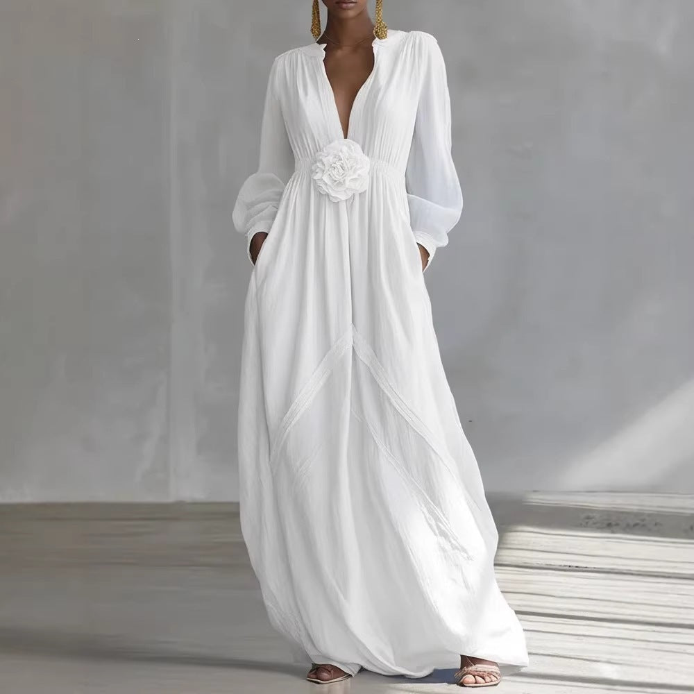 Long Puff Sleeve Textured Fabric Flowy Wedding Guest Dress with Side Pockets