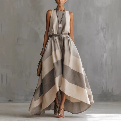 Robe maxi sans manches rayée en mélange de lin