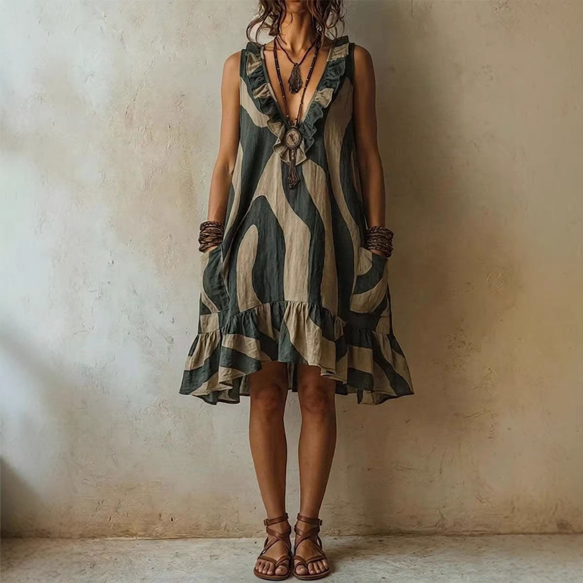Abstract Wave Print Ruffle V-Neck Sleeveless Linen Mini Dress with Pockets