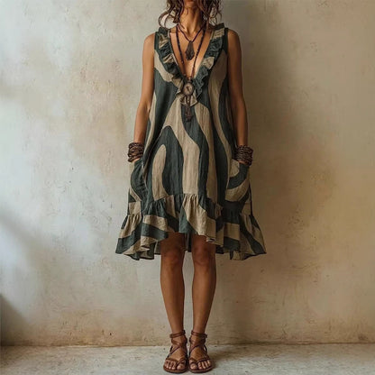 Abstract Wave Print Ruffle V-Neck Sleeveless Linen Mini Dress with Pockets