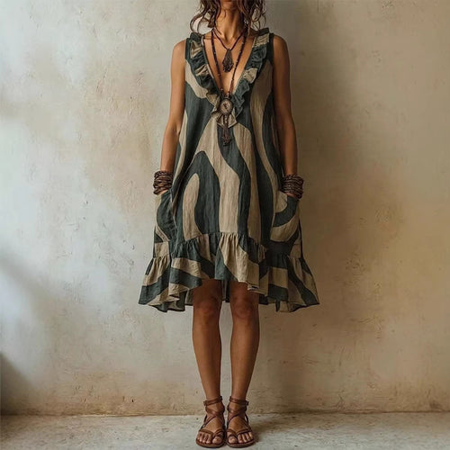 Abstract Wave Print Ruffle V-Neck Sleeveless Linen Mini Dress with Pockets