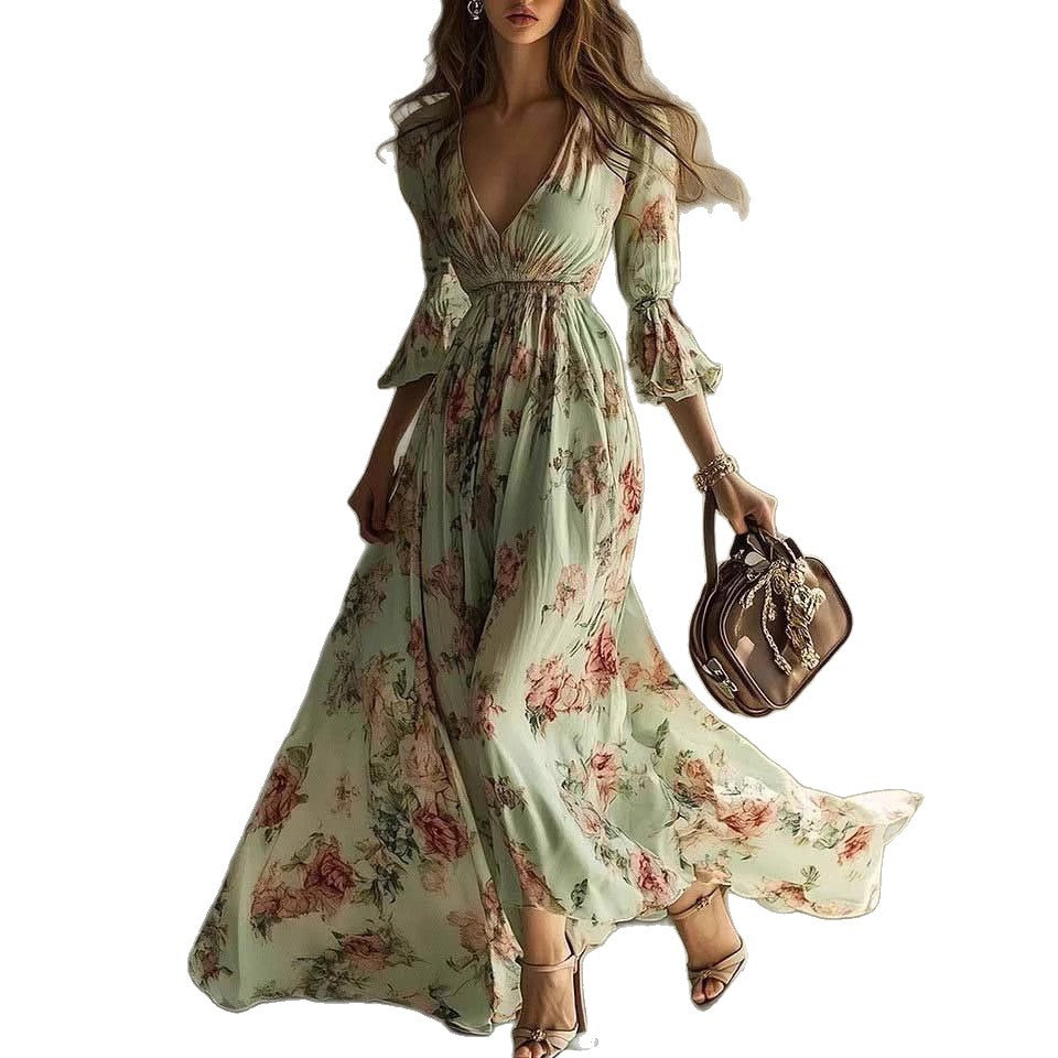 Floral Print V-Neck 3/4 Ruffle Sleeve Flowy Maxi Dress