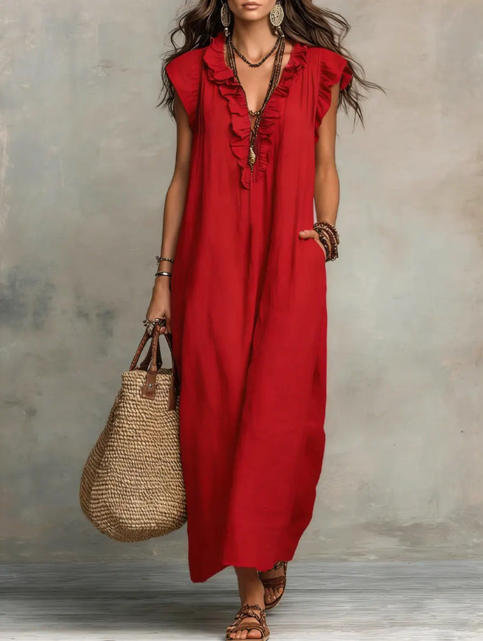 Robe maxi en lin bohème à col V à volants