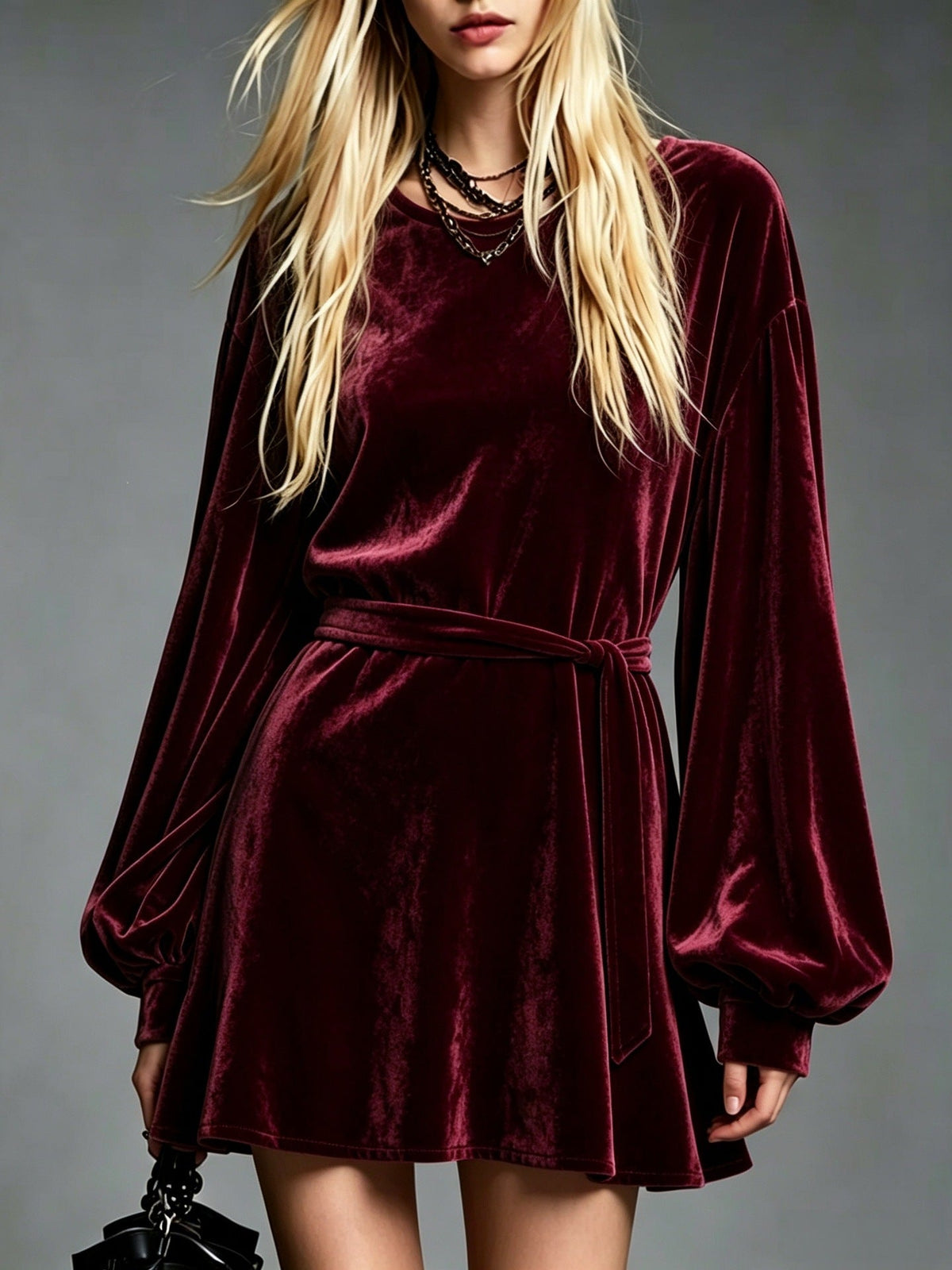 Robe mini à manches longues ballon en velours avec nœud à la taille