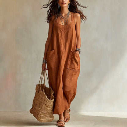 U-Neck Sleeveless Loose Pocket Maxi Dress, Casual Flowy Long Dress
