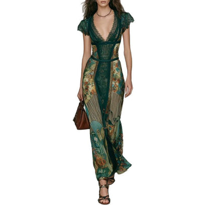Deep V‑Neck Lace Cap Sleeve Vintage Print Maxi Dress