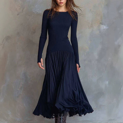 Robe longue maxi femme moulante en maille côtelée à manches longues élégante pour soirée