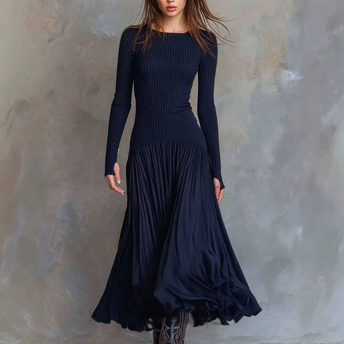 Robe longue maxi femme moulante en maille côtelée à manches longues élégante pour soirée
