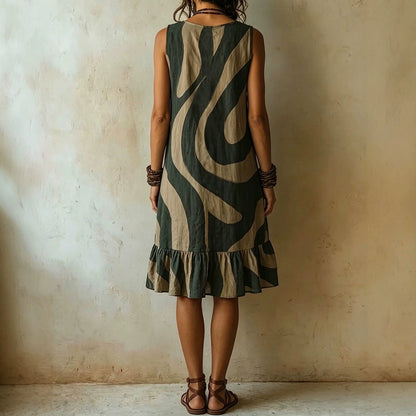 Abstract Wave Print Ruffle V-Neck Sleeveless Linen Mini Dress with Pockets