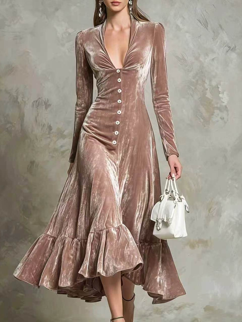 Robe midi en velours boutonnée sur le devant