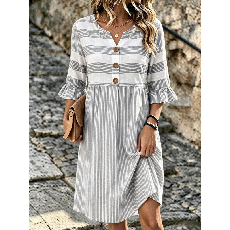 Robe mi-longue en lin mélangé à imprimé rayé et motifs mélangés Stripe