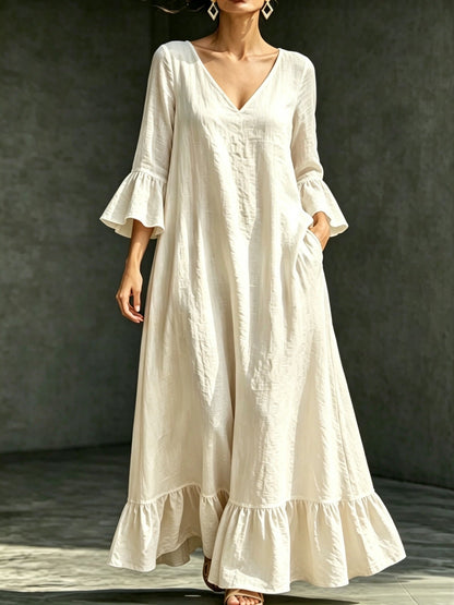 Robe longue en lin mélangé avec col en V, volants et manches évasées