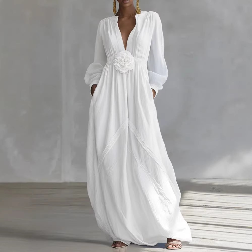 Long Puff Sleeve Textured Fabric Flowy Wedding Guest Dress with Side Pockets