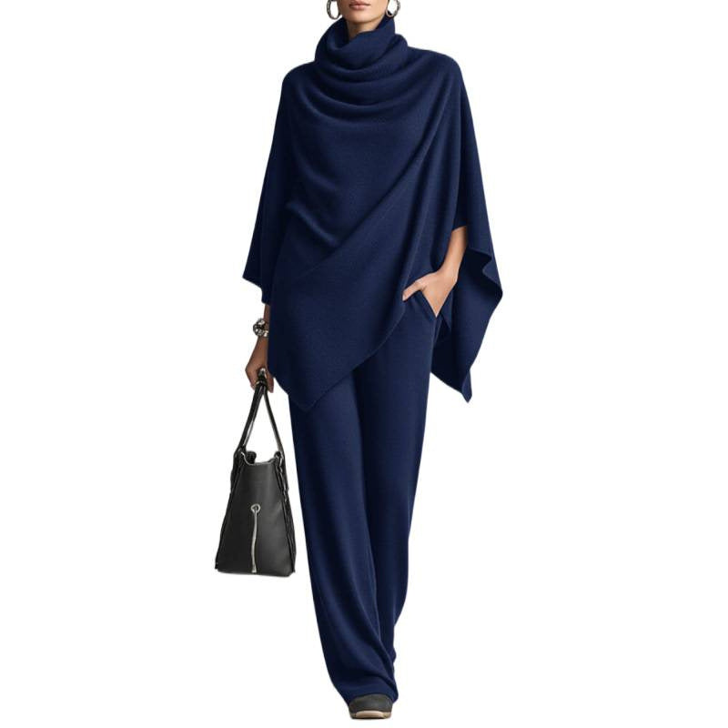 Cowl Neck Knit Poncho & Wide‑Leg Pants Two‑Piece Set