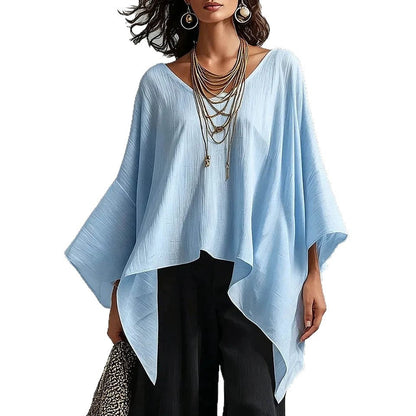 Women's V-neck 3/4-sleeve Casual Loose Cotton-linen Top