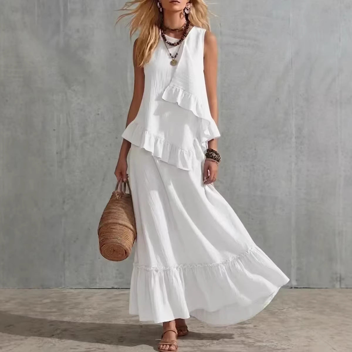 Asymmetrical Ruffle Sleeveless Textured Maxi Dress, Flowy Loose Summer Resort Long Dress