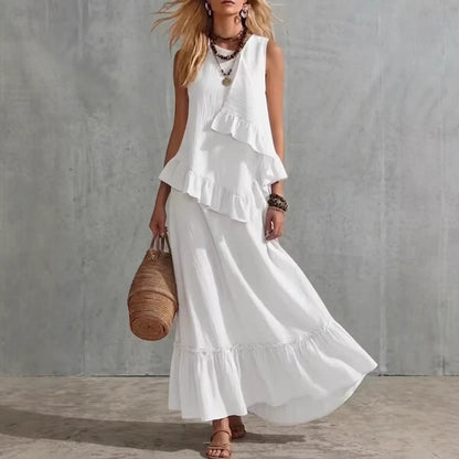 Asymmetrical Ruffle Sleeveless Textured Maxi Dress, Flowy Loose Summer Resort Long Dress
