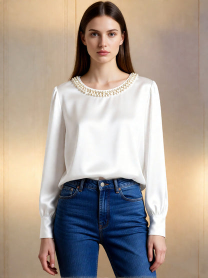 blouse femme ajustée à col perlé en satin luxueux, manches longues