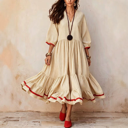 Robe longue à rayures étagée en mélange de lin et liseré rouge