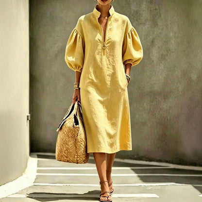 Stand Collar Half Zip Puff Sleeve Linen Blend Midi Dress, Loose Pocket Casual Vacation Long Dress