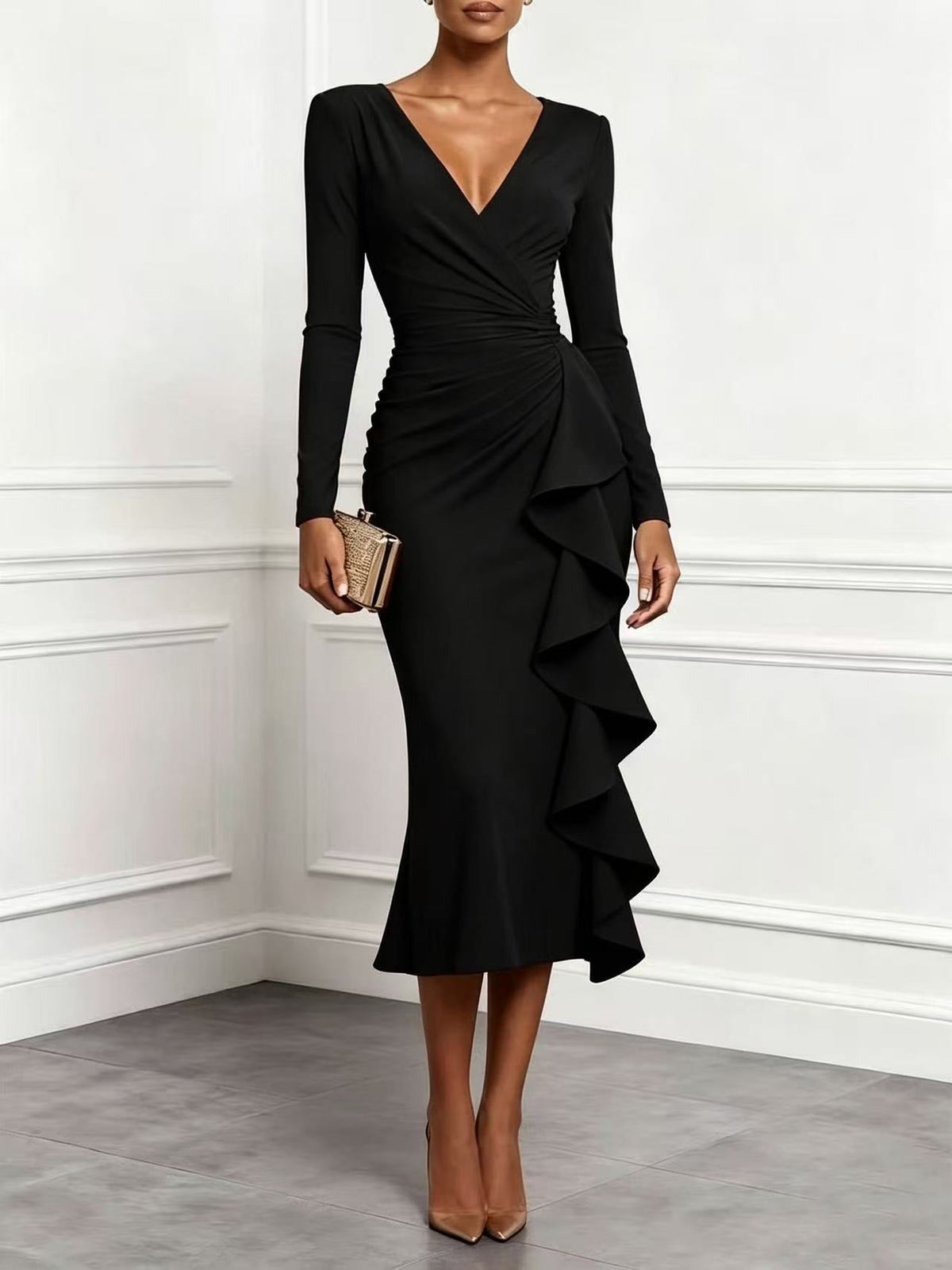 Women’s Solid Blush‑Pink Wrap Ruffle Ruched Long‑Sleeve Midi Dress - Black / S