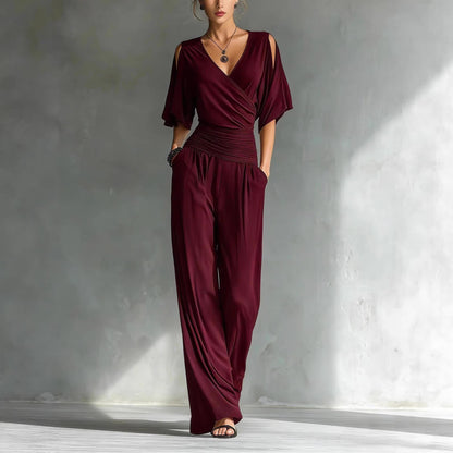 Cold Shoulder Wrap V Ruched Waist Wide Leg Jumpsuit