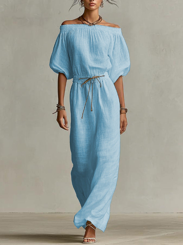Off‑The‑Shoulder Linen‑Blend Maxi Dress - Light blue / S