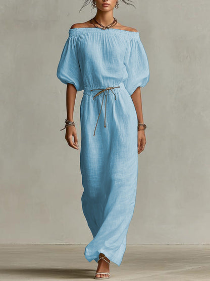 Off‑The‑Shoulder Linen‑Blend Maxi Dress - Light blue / S
