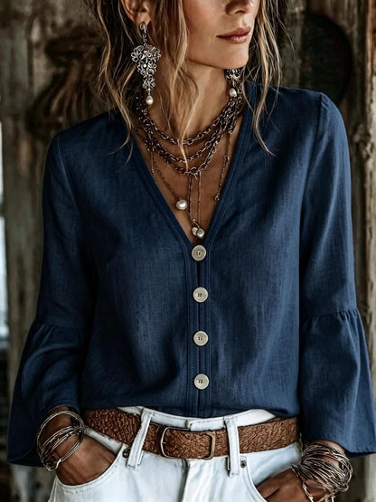 V-Neck Button-Front Bell Sleeve Blouse