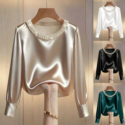 blouse femme ajustée à col perlé en satin luxueux, manches longues