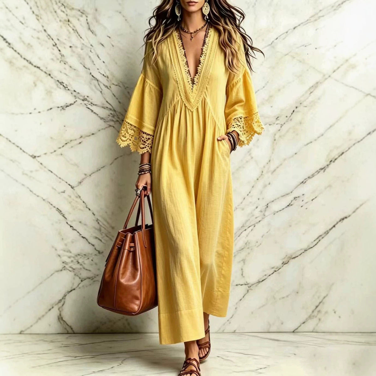 Robe longue bohème en dentelle et col en V pour femme, ample, manches 3/4, pour la plage ou les vacances